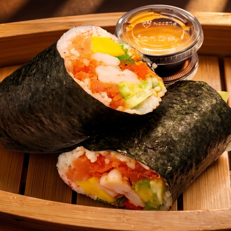 Two sushi burritos filled with salmon, shrimp, avocado, and mango, with sauce cups on a wooden tray.