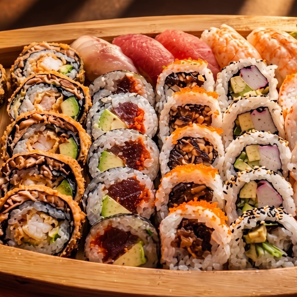 A large wooden boat filled with various sushi rolls, including nigiri, maki, and California rolls.