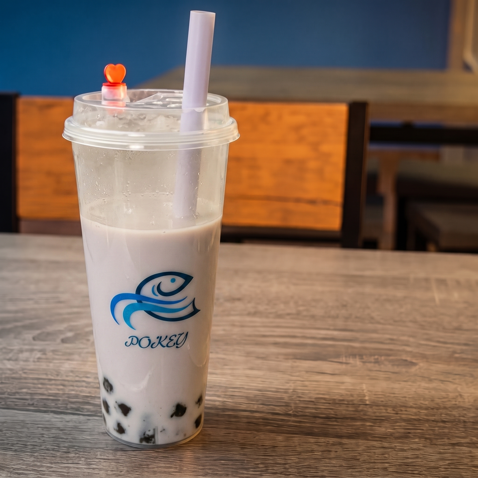 A Pokey bubble tea with a heart-shaped straw stopper sits on a wooden table.